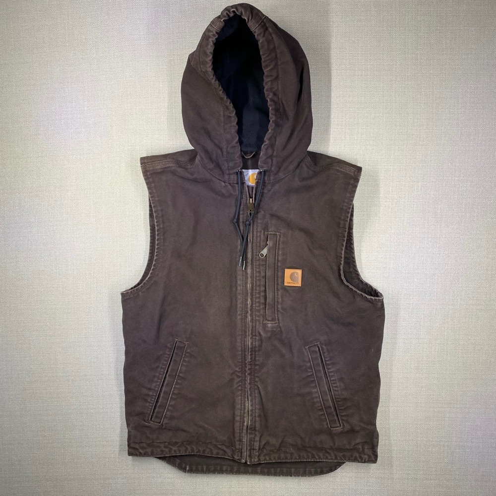 Carhartt Mens Knoxville Hooded Vest Brown Duck Canvas Fleece Lined 101687 Small